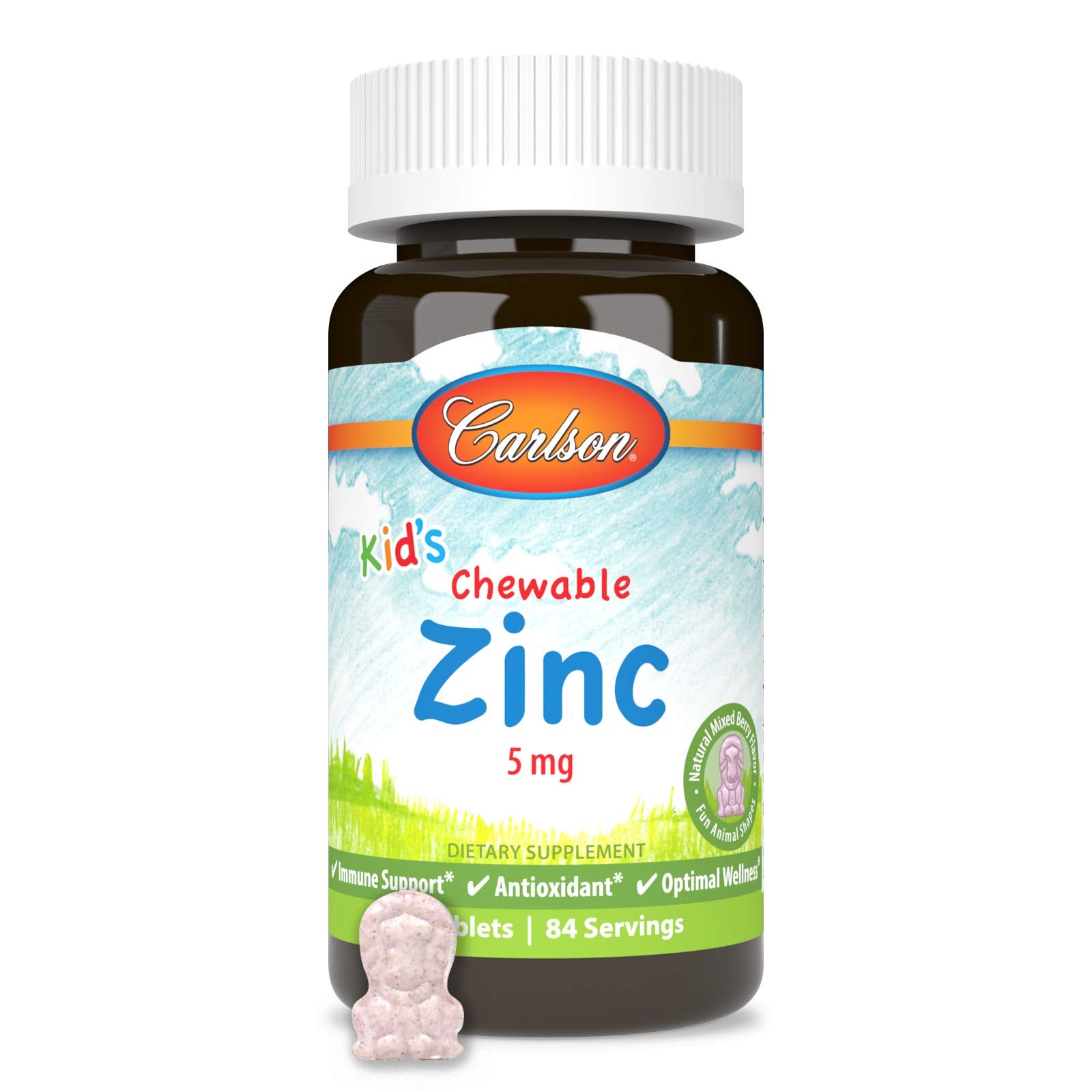 Carlson Kid's Chewable Zinc soft-chew texture shown for kid-friendly swallowing.