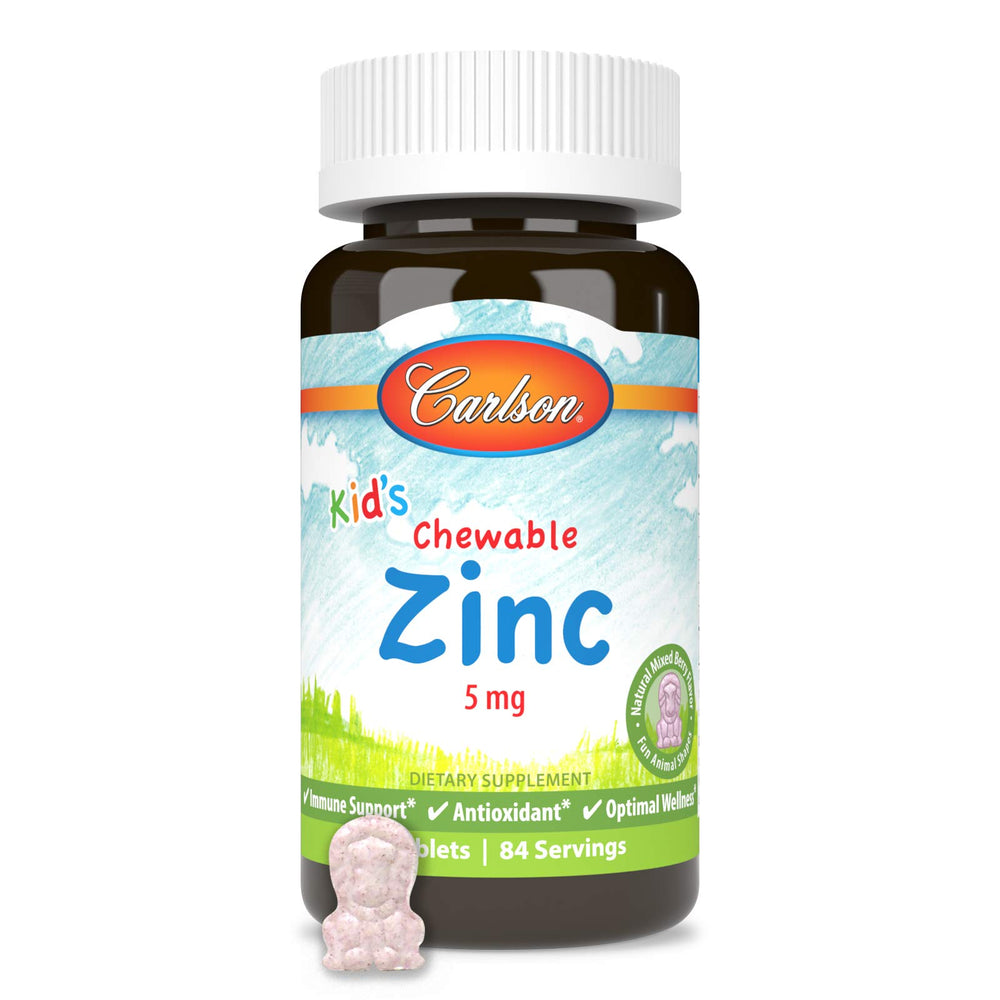 Carlson Kid's Chewable Zinc soft-chew texture shown for kid-friendly swallowing.