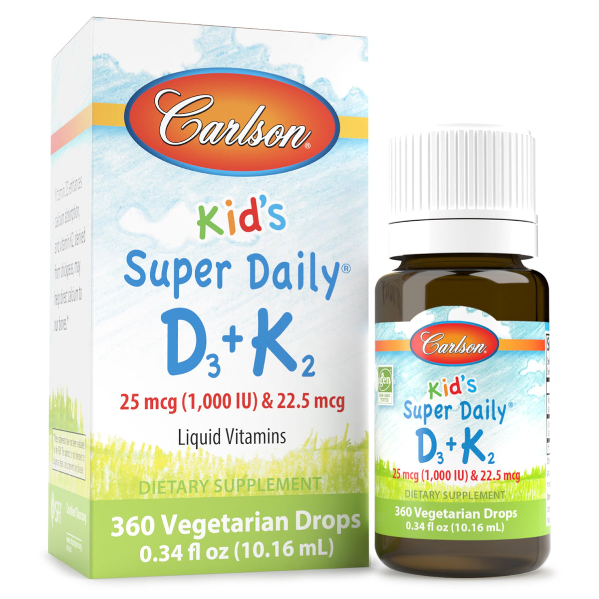 Carlson Kid's D3+K2 drops bottle with unflavored liquid for daily use