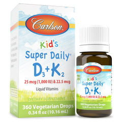 Carlson Kid's D3+K2 drops bottle with unflavored liquid for daily use