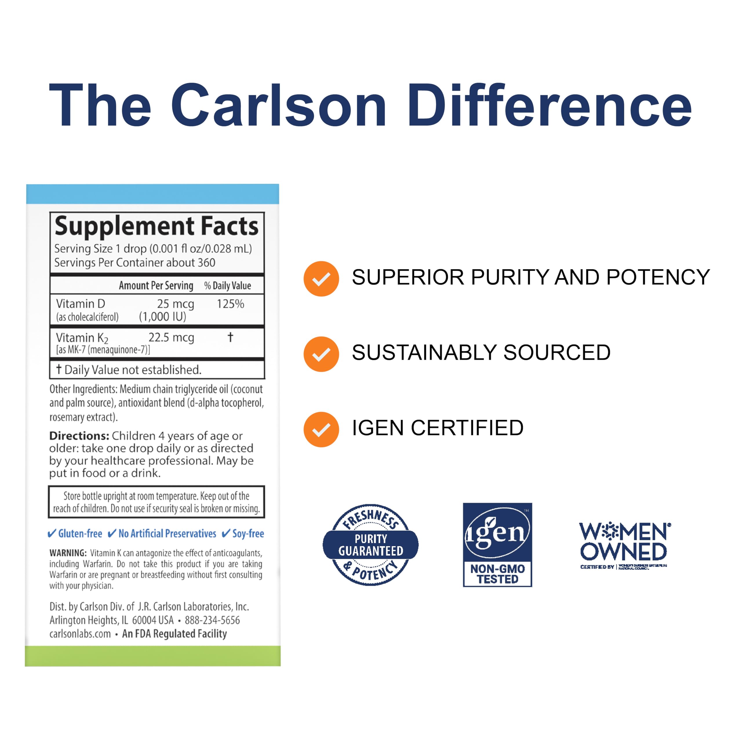 Carlson Kid's D3+K2 drops euro dropper for precise dosing