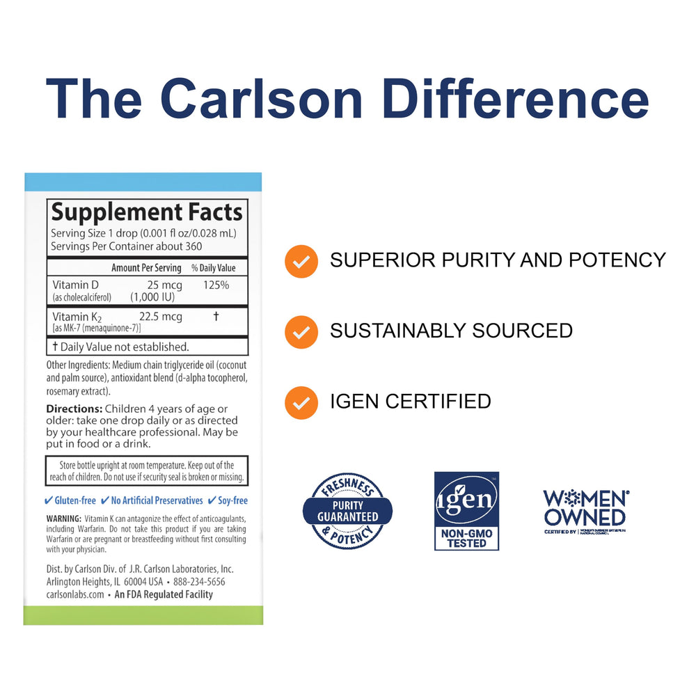 Carlson Kid's D3+K2 drops euro dropper for precise dosing