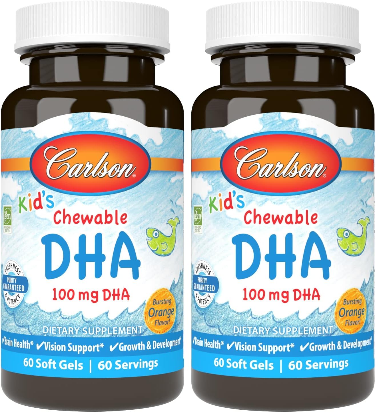 Carlson Kid's DHA orange chewable bottle supports brain and vision.