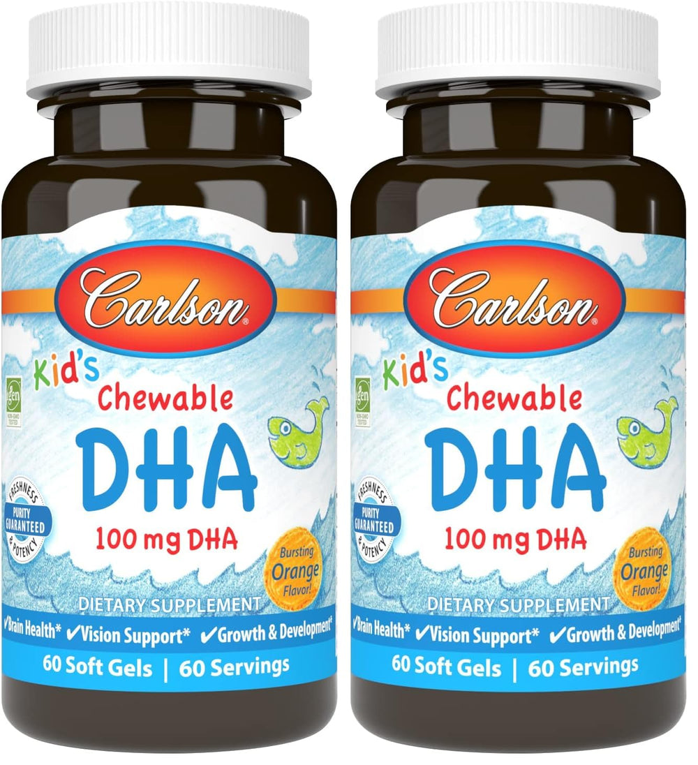 Carlson Kid's DHA orange chewable bottle supports brain and vision.