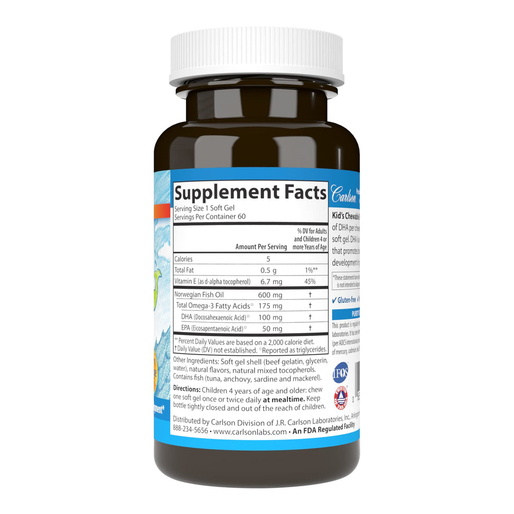 Carlson Kid's DHA orange chewables promote daily development in children.