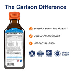 Carlson Kids Fish Oil orange label close-up highlights sustainable Norwegian origin.