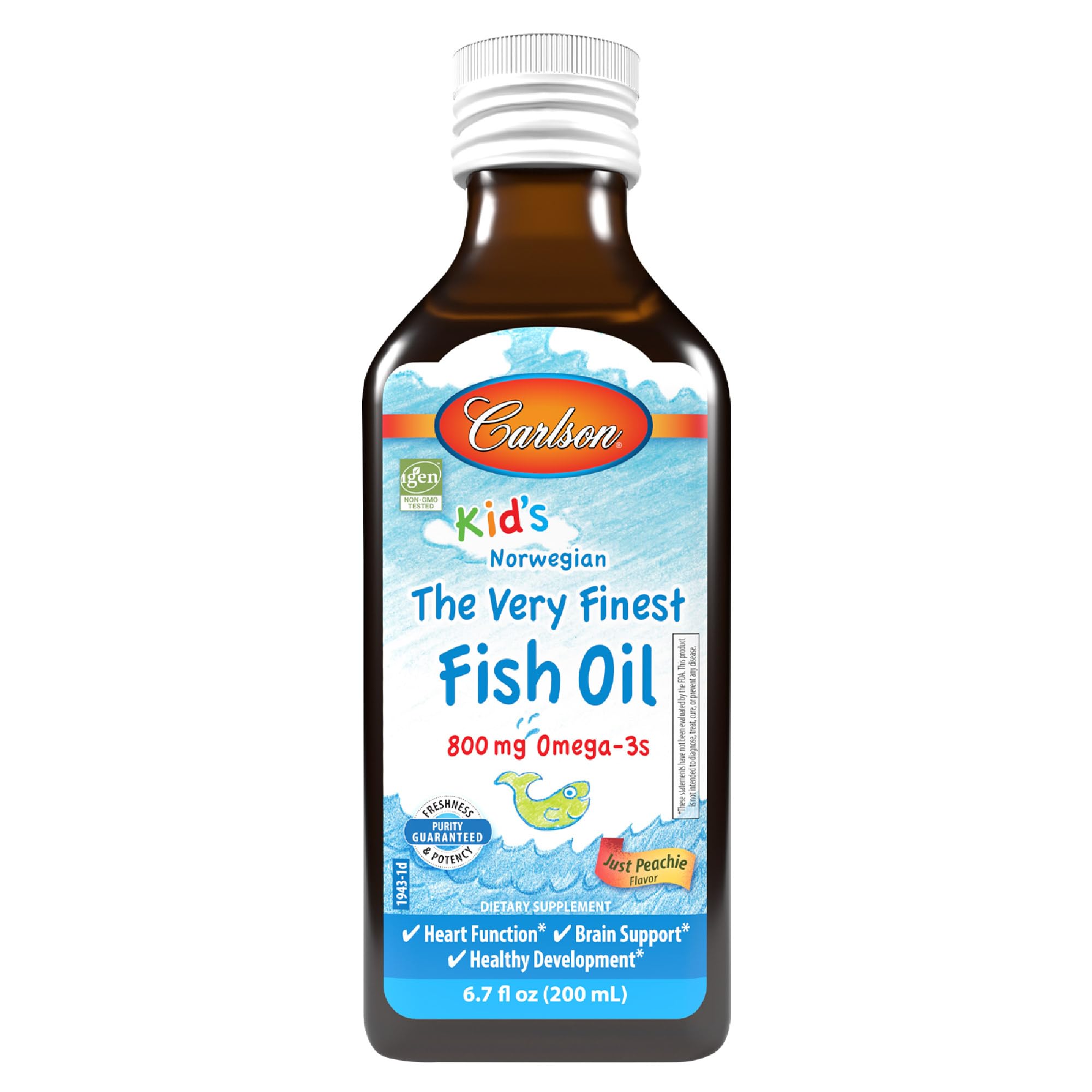 Carlson Kid's Just Peachie Fish Oil bottle on shelf highlighting 800 mg omega-3s per serving.