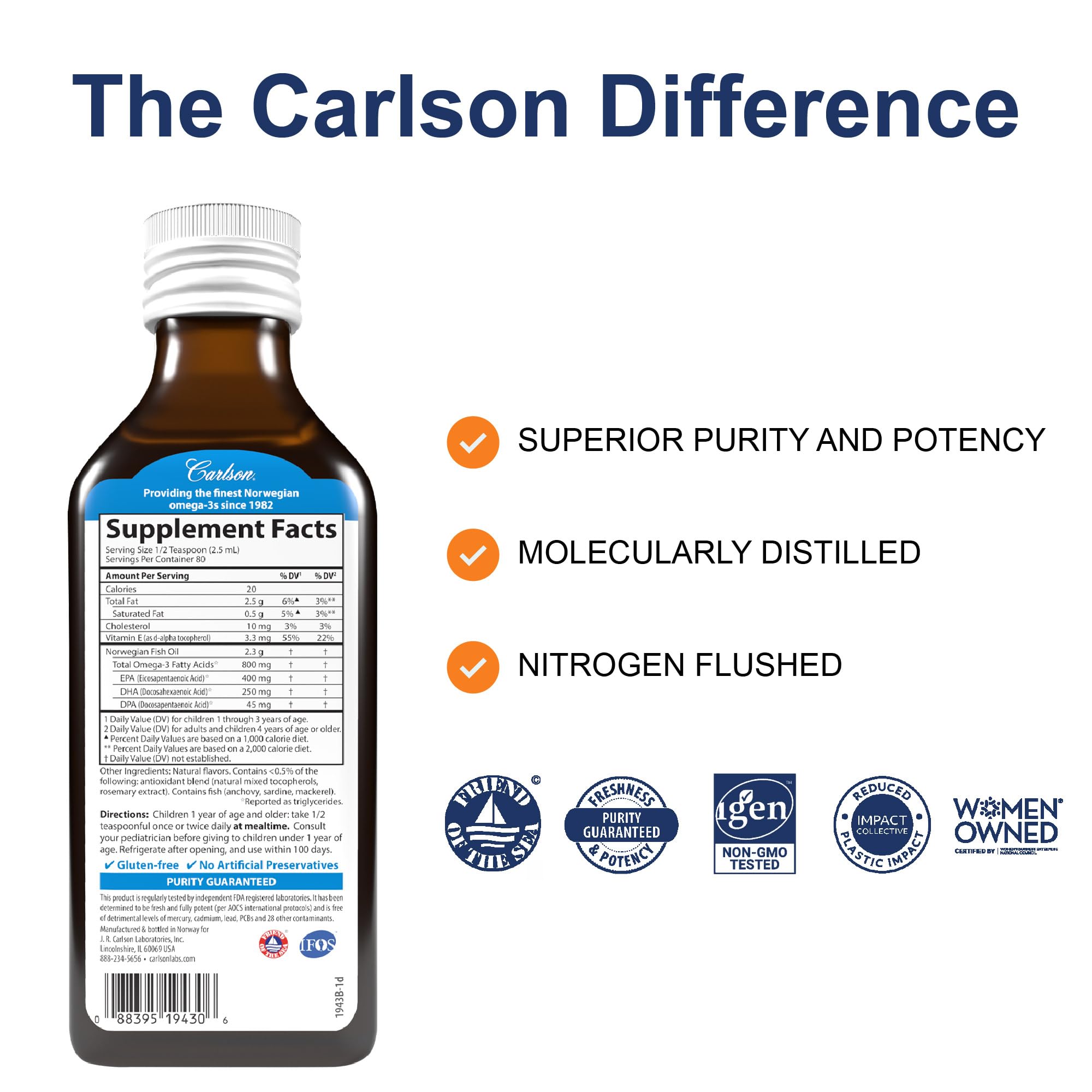 Carlson Kid's Just Peachie label close-up showing wild-caught, sustainably sourced promise.