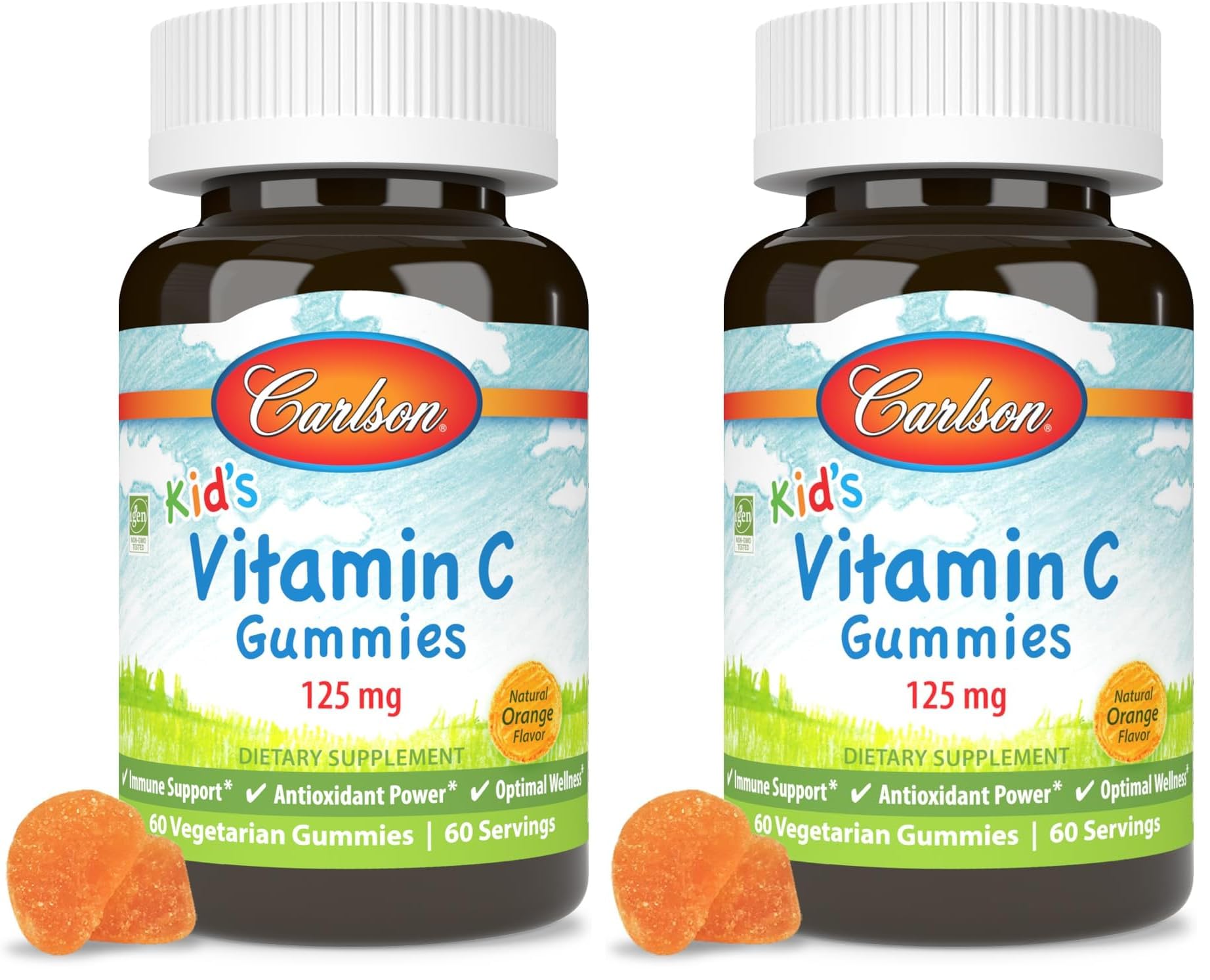 Carlson Kids Vitamin C Gummies bottle close-up shows tangy orange flavor for daily immune support.