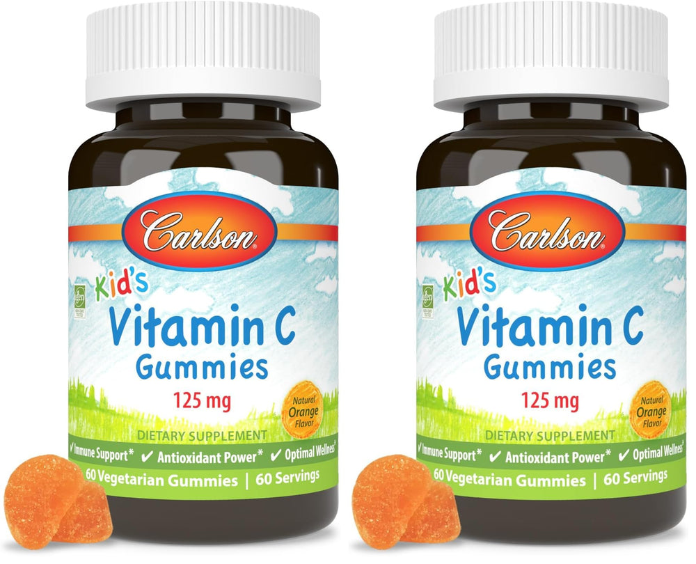 Carlson Kids Vitamin C Gummies bottle close-up shows tangy orange flavor for daily immune support.