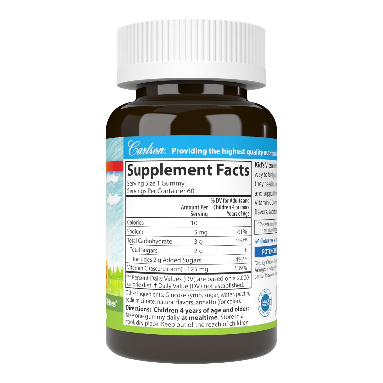 Label and ingredients of Carlson Kids Vitamin C Gummies.