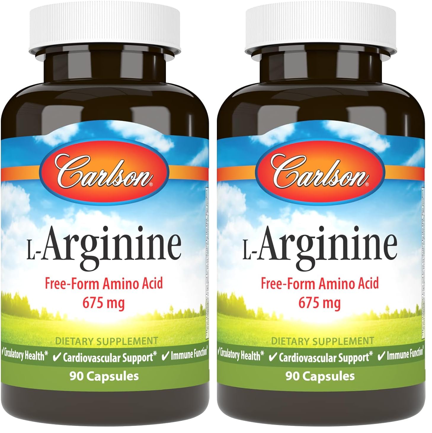 Carlson L-Arginine 675 mg capsules bottle potentially supports healthy circulation.