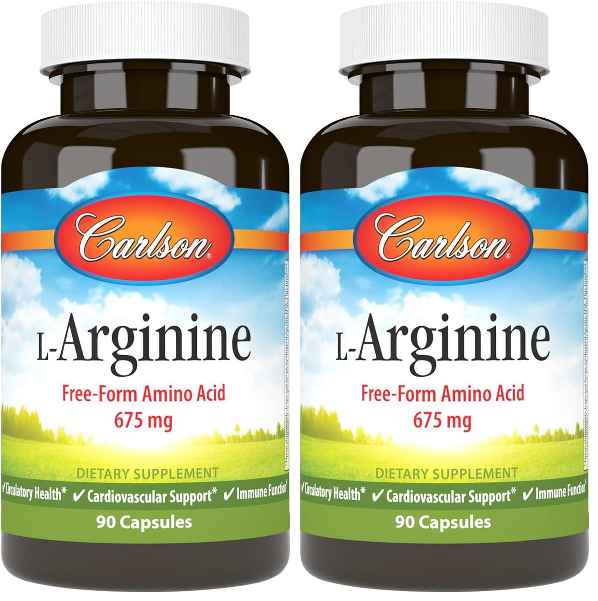 Carlson L-Arginine 675 mg capsules bottle potentially supports healthy circulation.