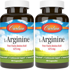 Carlson L-Arginine 675 mg capsules bottle potentially supports healthy circulation.