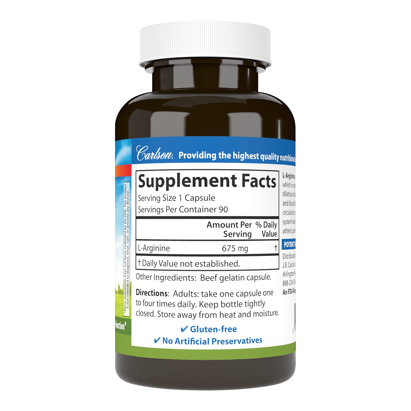 Carlson L-Arginine capsules closeup showing dosage and easy-to-swallow design.