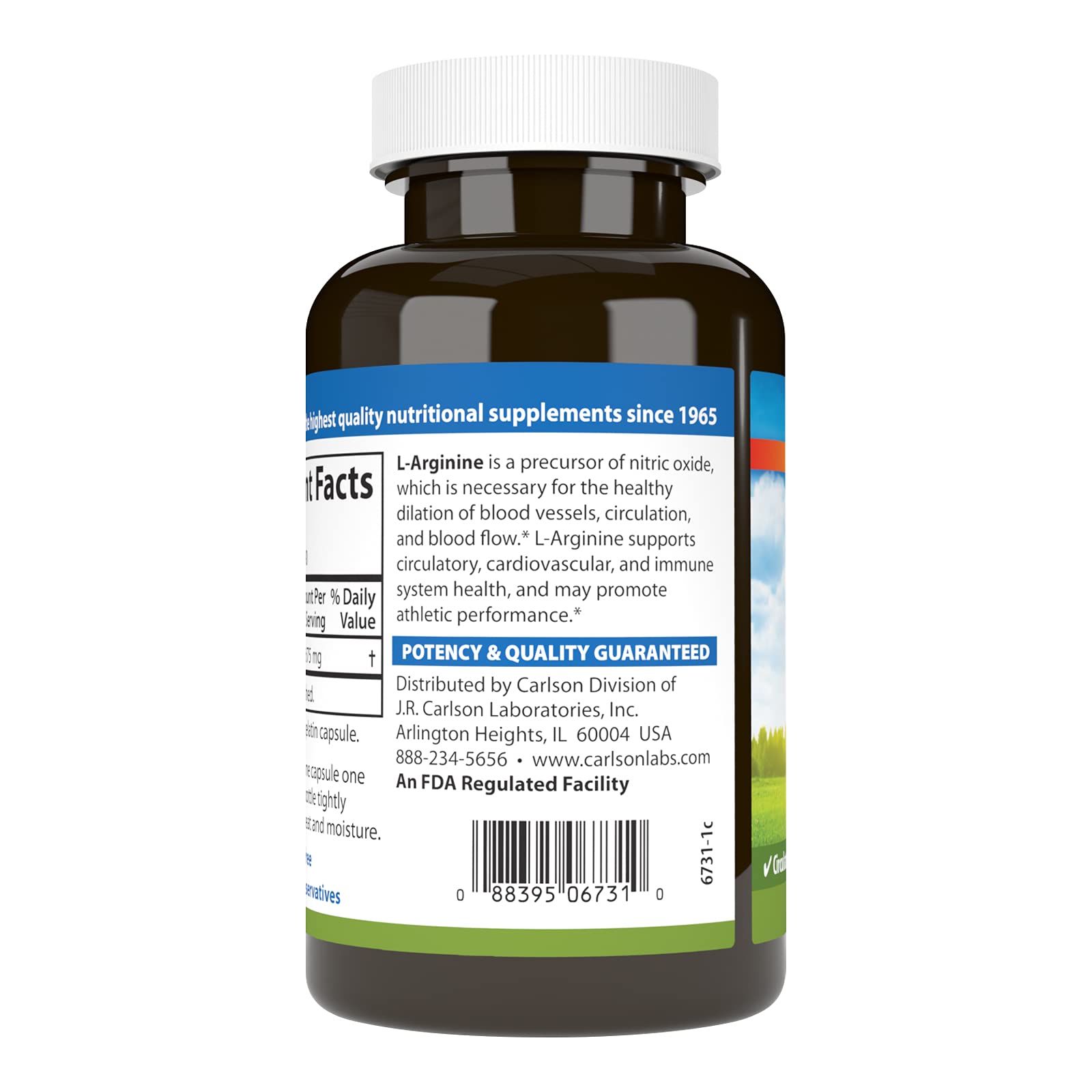 Carlson L-Arginine bottle label highlights 675 mg per capsule for reference.