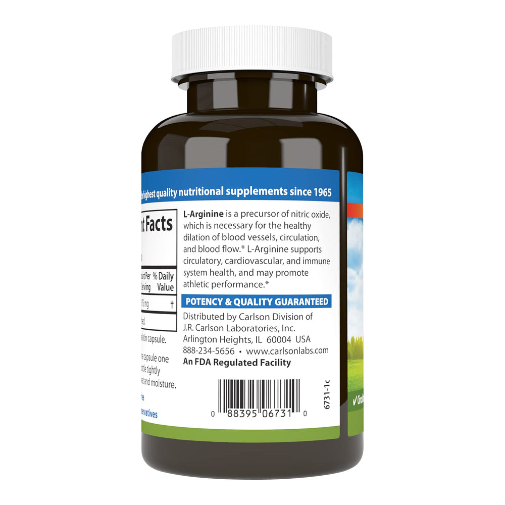 Carlson L-Arginine bottle label highlights 675 mg per capsule for reference.