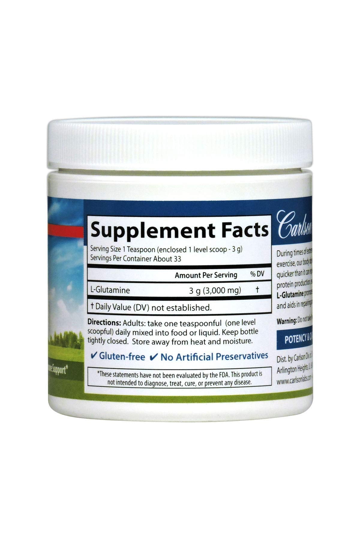 Dissolving Carlson L-Glutamine powder in water for quick use.