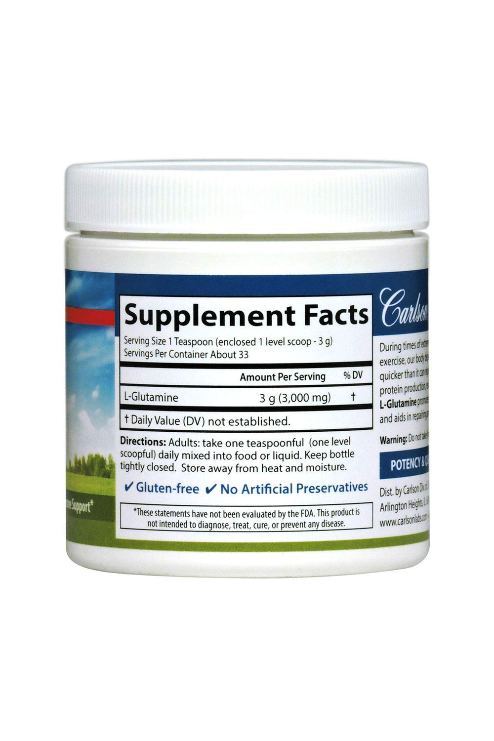 Dissolving Carlson L-Glutamine powder in water for quick use.