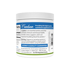 Carlson L-Lysine powder front bottle view helps quick identification.