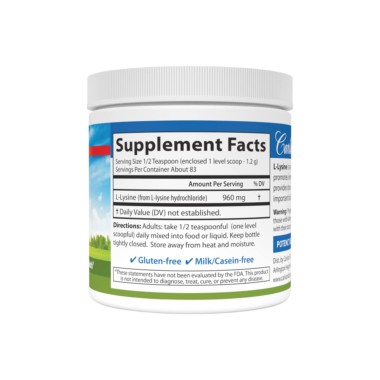 Carlson L-Lysine powder scoop-dispense makes mixing easy.