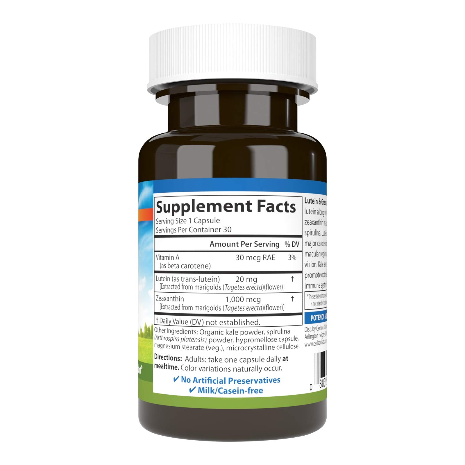 Carlson Lutein & Greens capsules ready to take with a meal.