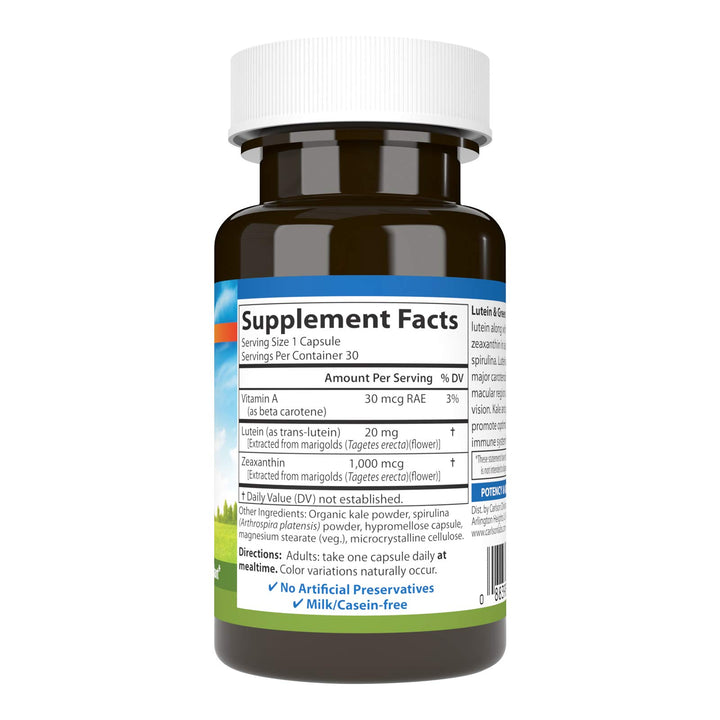 Carlson Lutein & Greens capsules ready to take with a meal.