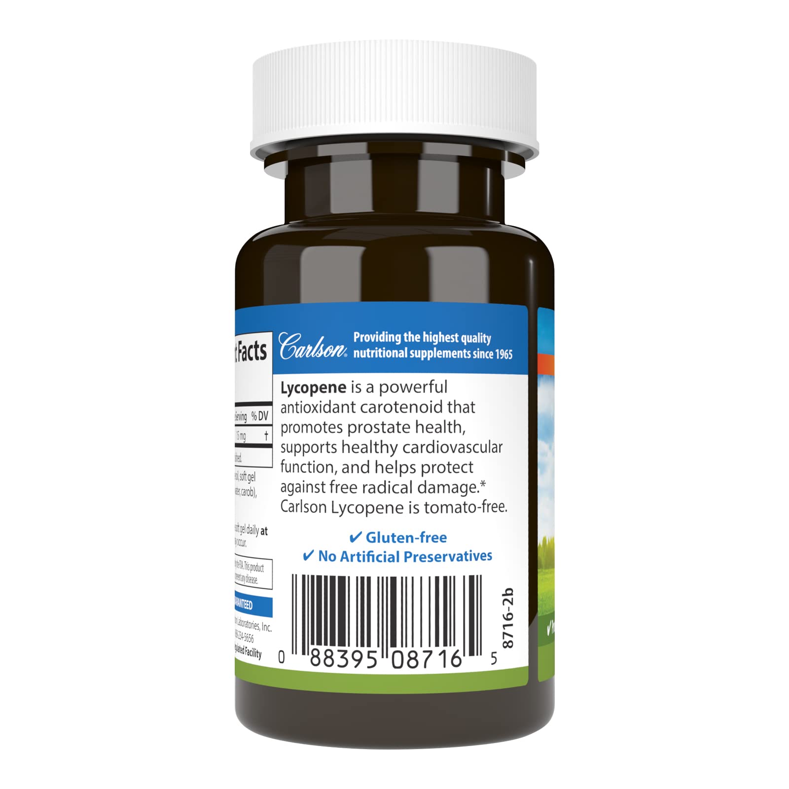 Carlson Lycopene 15 mg bottle pour, illustrating convenient daily use and measured servings