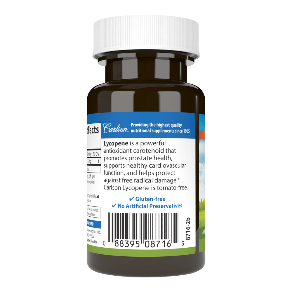 Carlson Lycopene 15 mg bottle pour, illustrating convenient daily use and measured servings