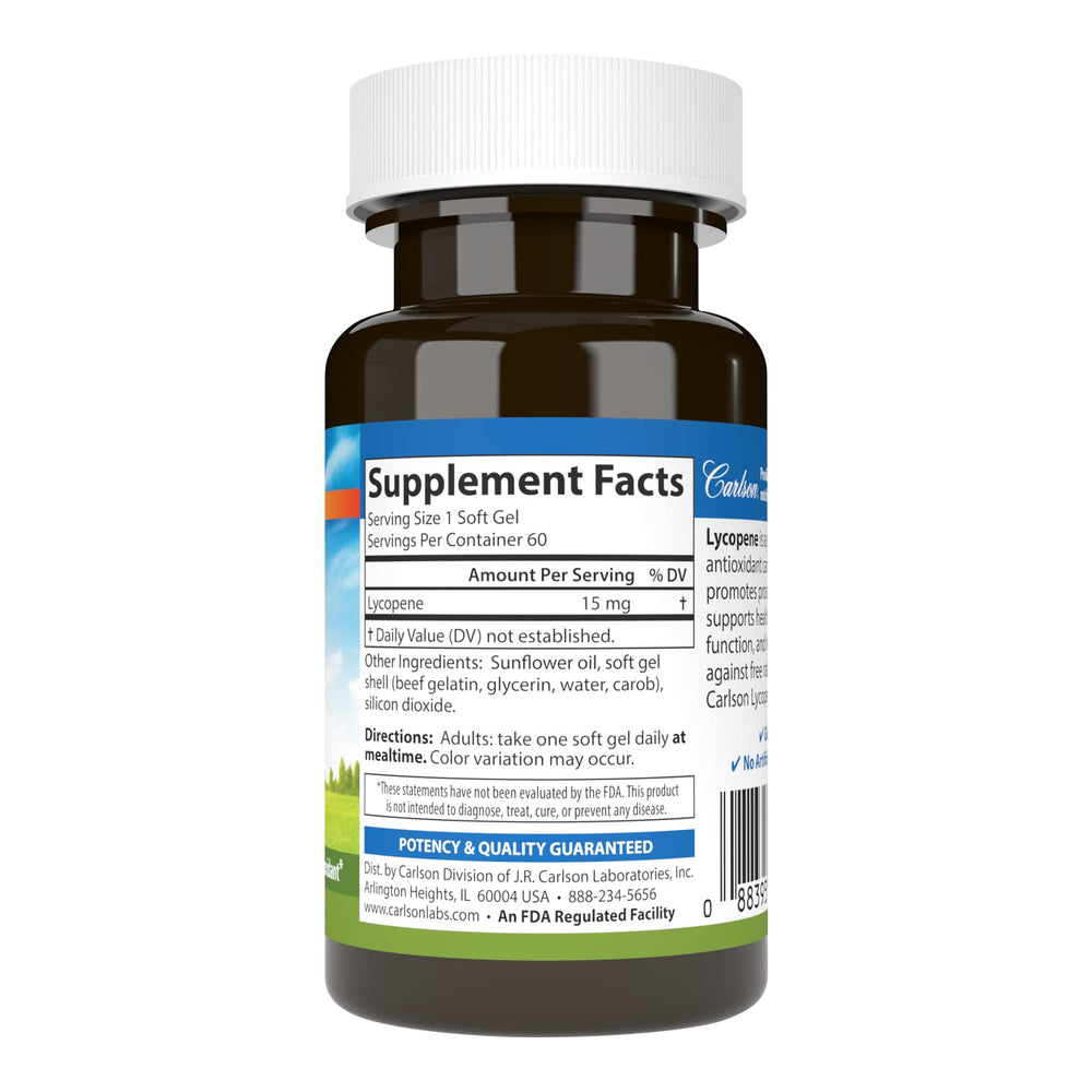 Carlson Lycopene 15 mg softgels closeup, showcasing small, easy-to-swallow capsules for daily use