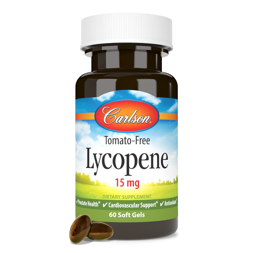 Carlson Lycopene 15 mg softgels in hand, signaling portability for on-the-go wellness