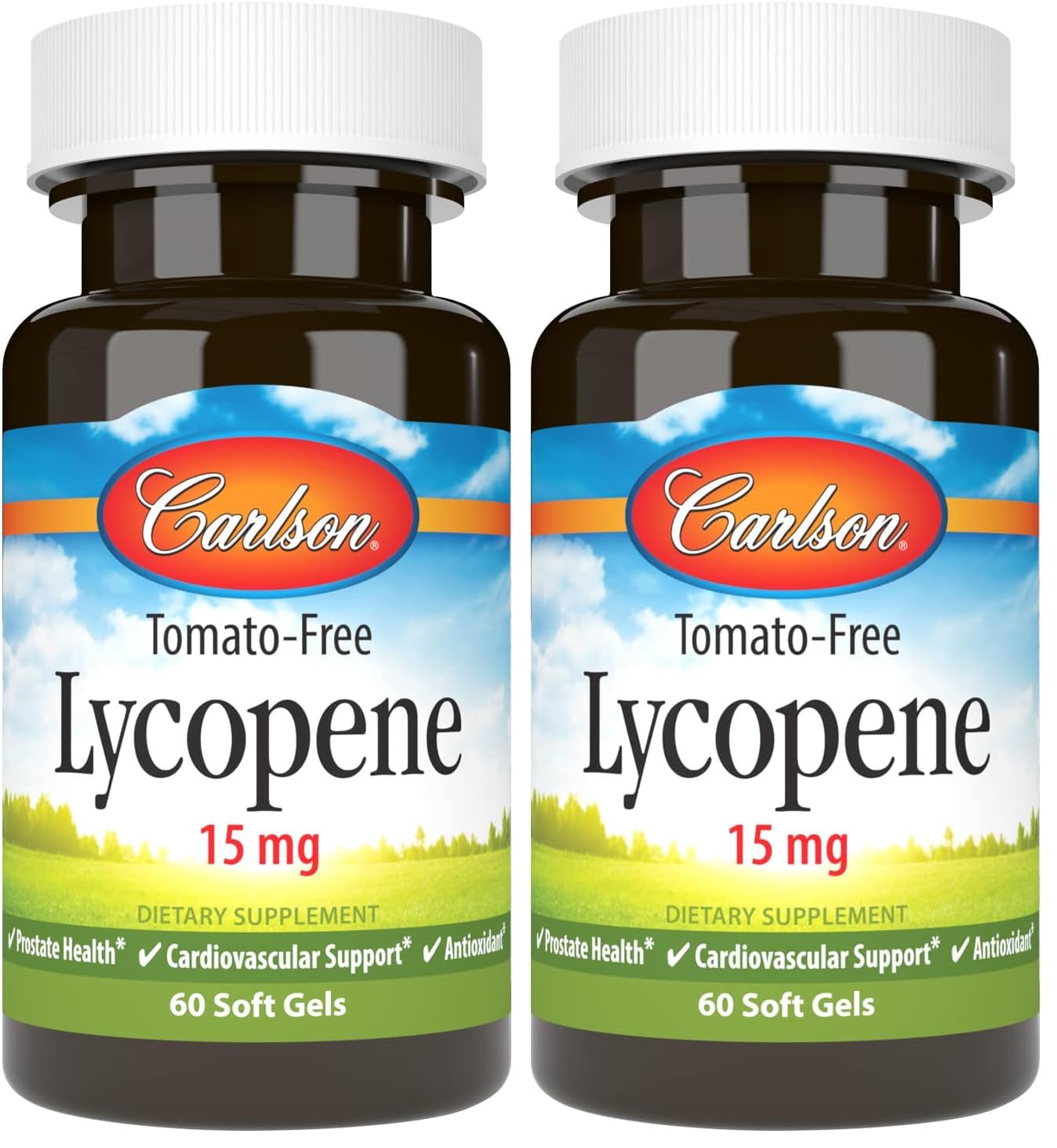Carlson Lycopene 15 mg tomato-free bottle front, highlighting tomato-free formula for wellness
