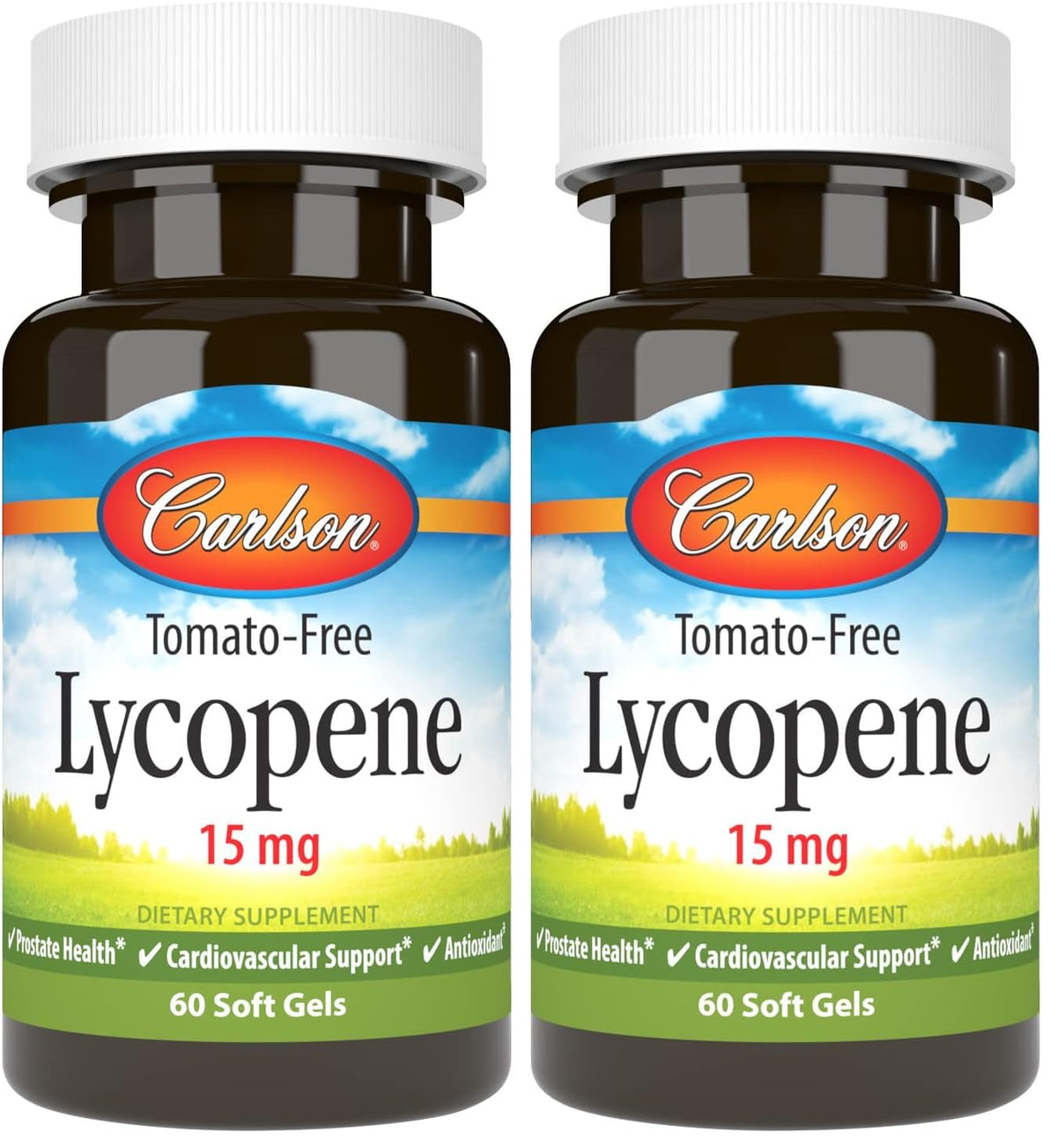 Carlson Lycopene 15 mg tomato-free bottle front, highlighting tomato-free formula for wellness