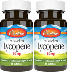Carlson Lycopene 15 mg tomato-free bottle front, highlighting tomato-free formula for wellness