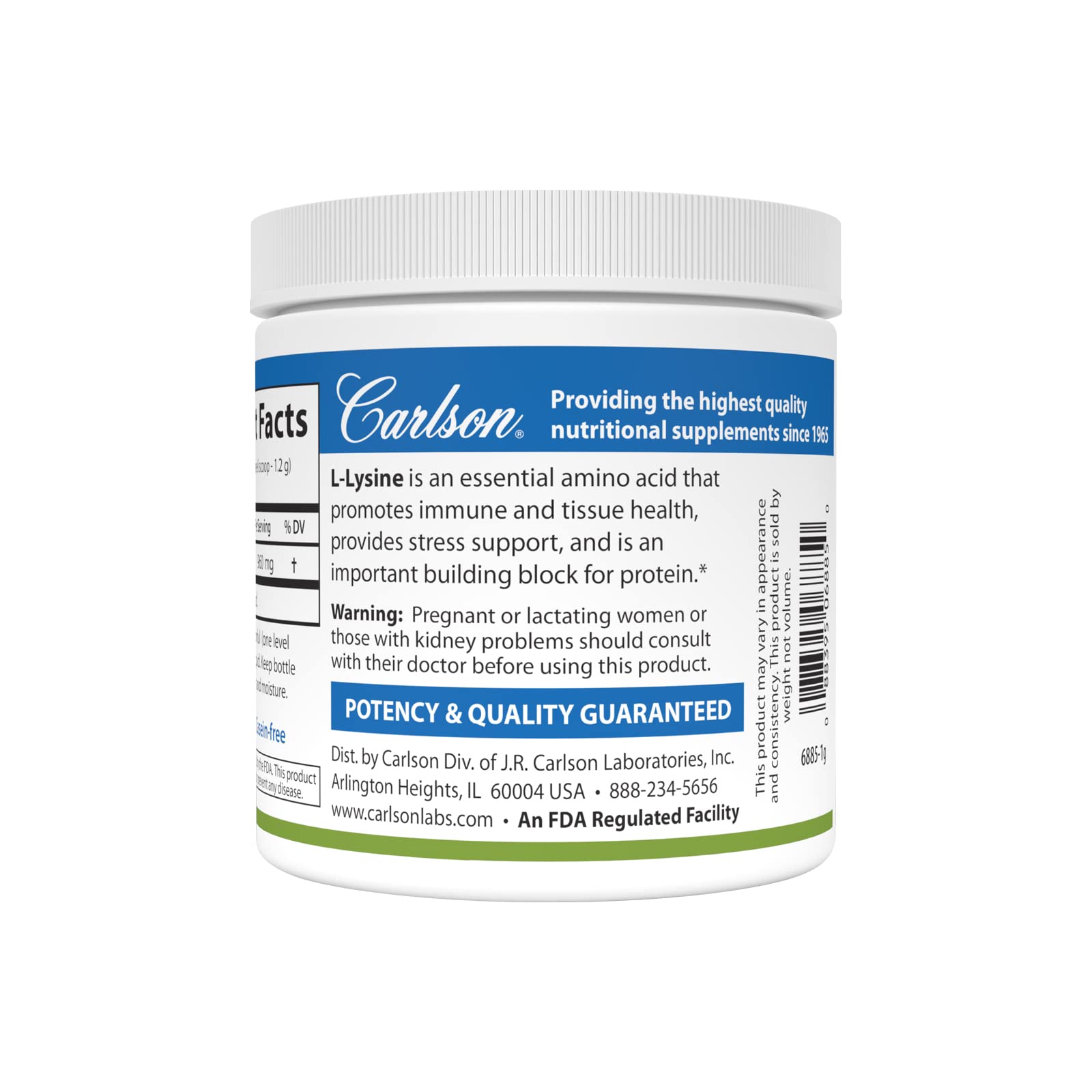 Carlson L-Lysine Powder label closeup highlighting potency and ingredients