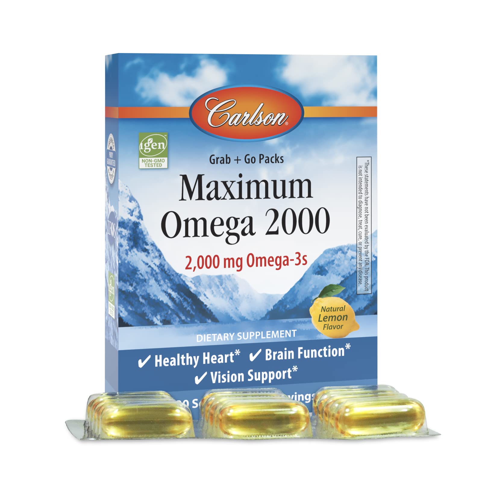 Carlson Maximum Omega 2000 grab-and-go packs; convenient for on-the-go omega-3.