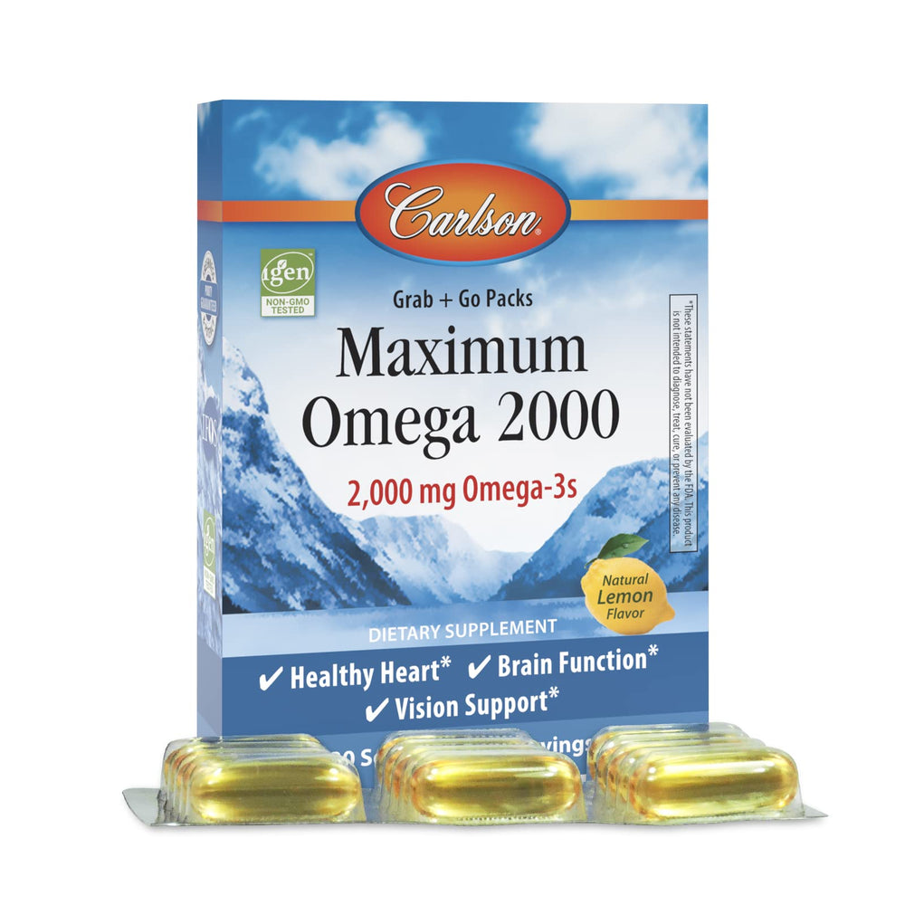 Carlson Maximum Omega 2000 grab-and-go packs; convenient for on-the-go omega-3.