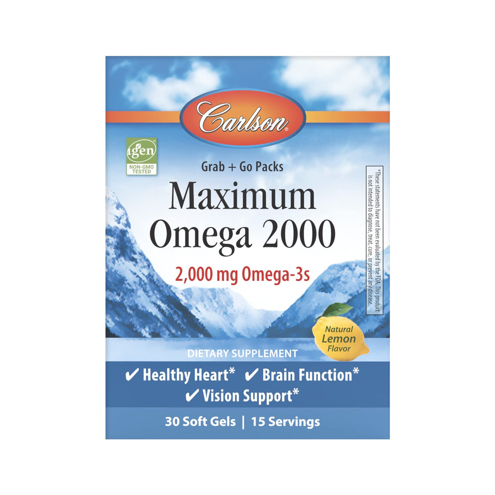 Carlson Maximum Omega 2000 grab-and-go pack; travel-friendly omega-3 option.