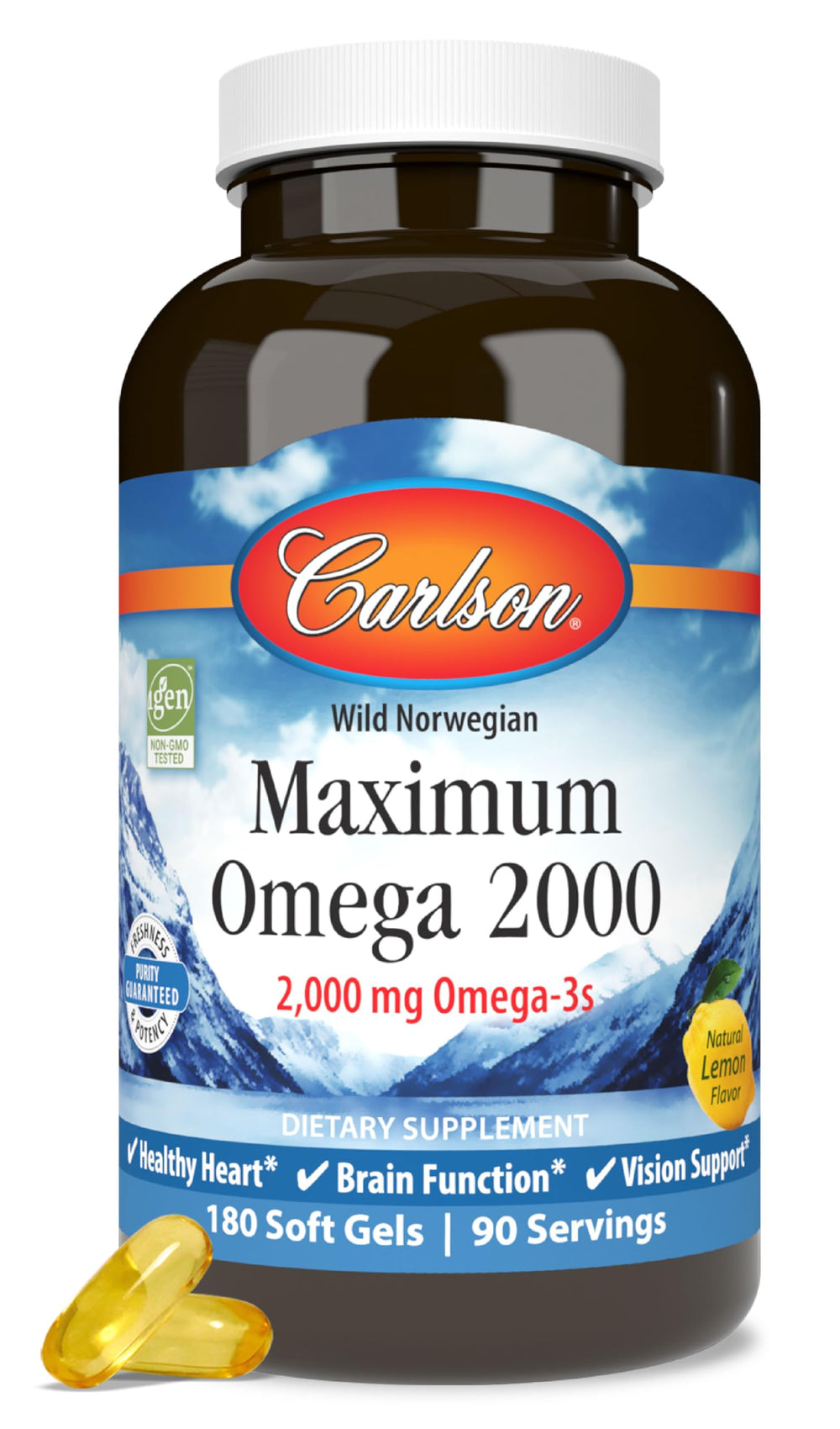 Carlson Maximum Omega2000 lemon softgel bottle highlights potent omega-3 from wild-caught fish.