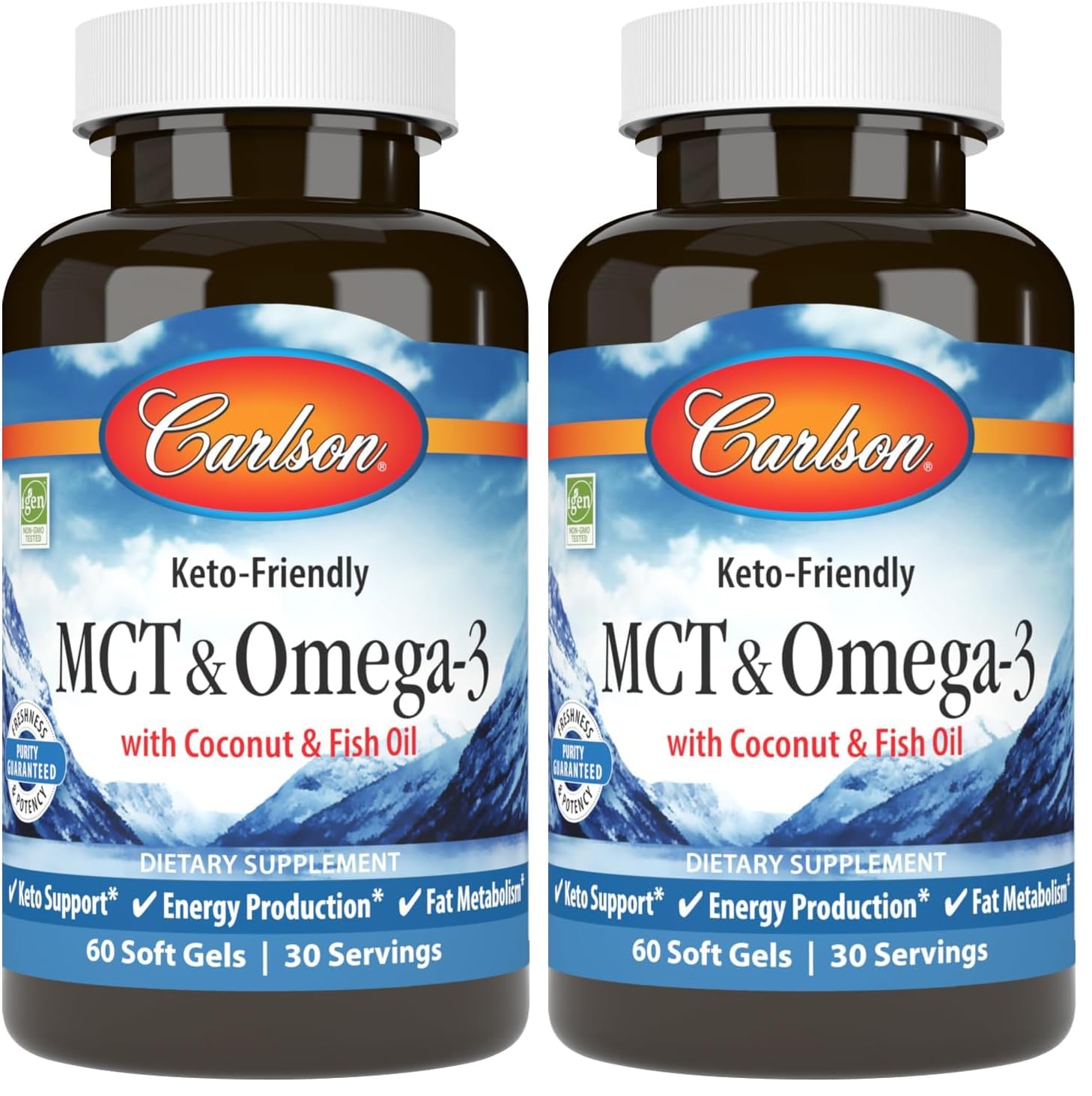 Carlson MCT & Omega-3 softgels bottle for easy daily omega-3 and MCT intake.