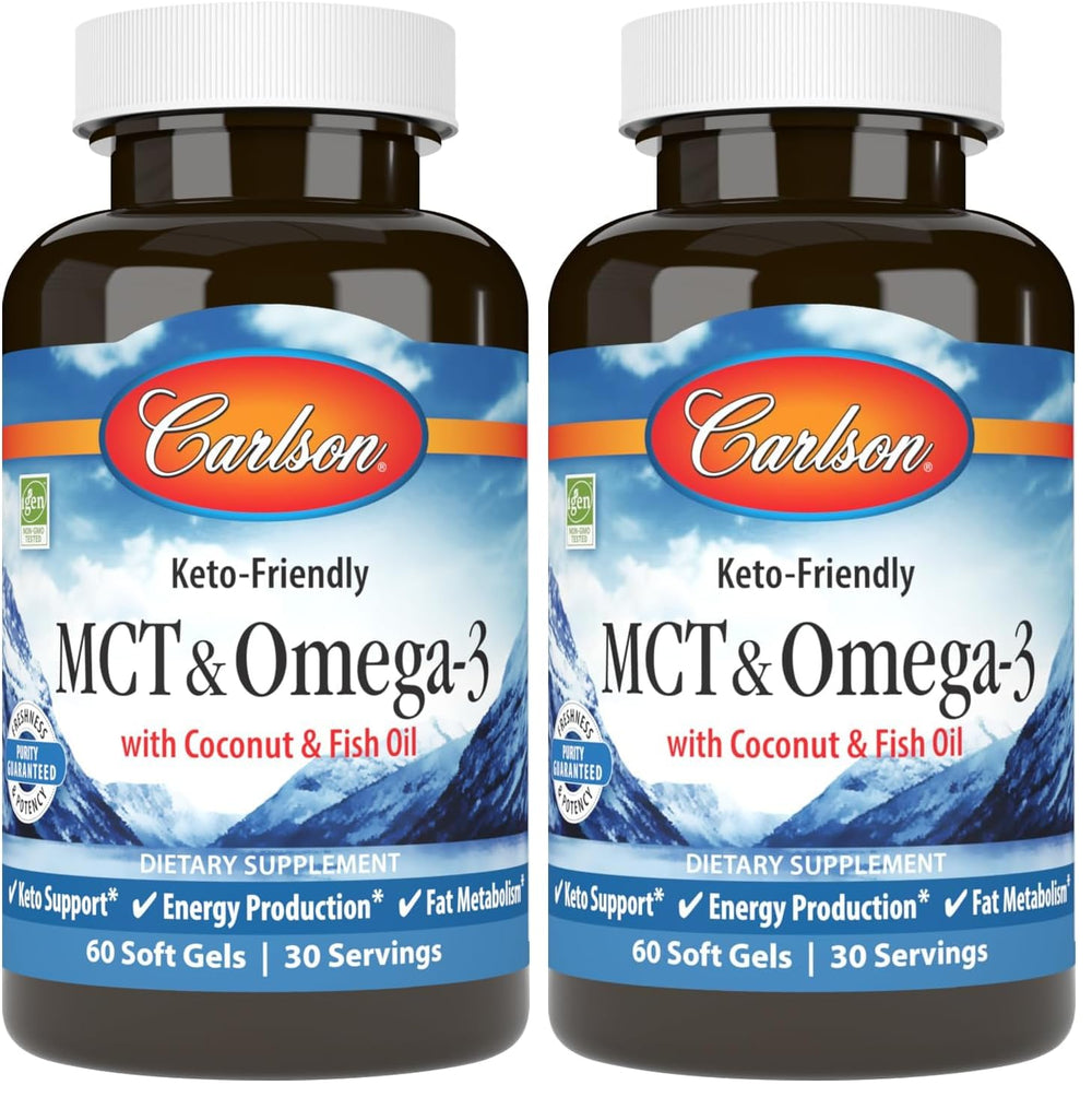 Carlson MCT & Omega-3 softgels bottle for easy daily omega-3 and MCT intake.