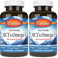 Carlson MCT & Omega-3 softgels bottle for easy daily omega-3 and MCT intake.