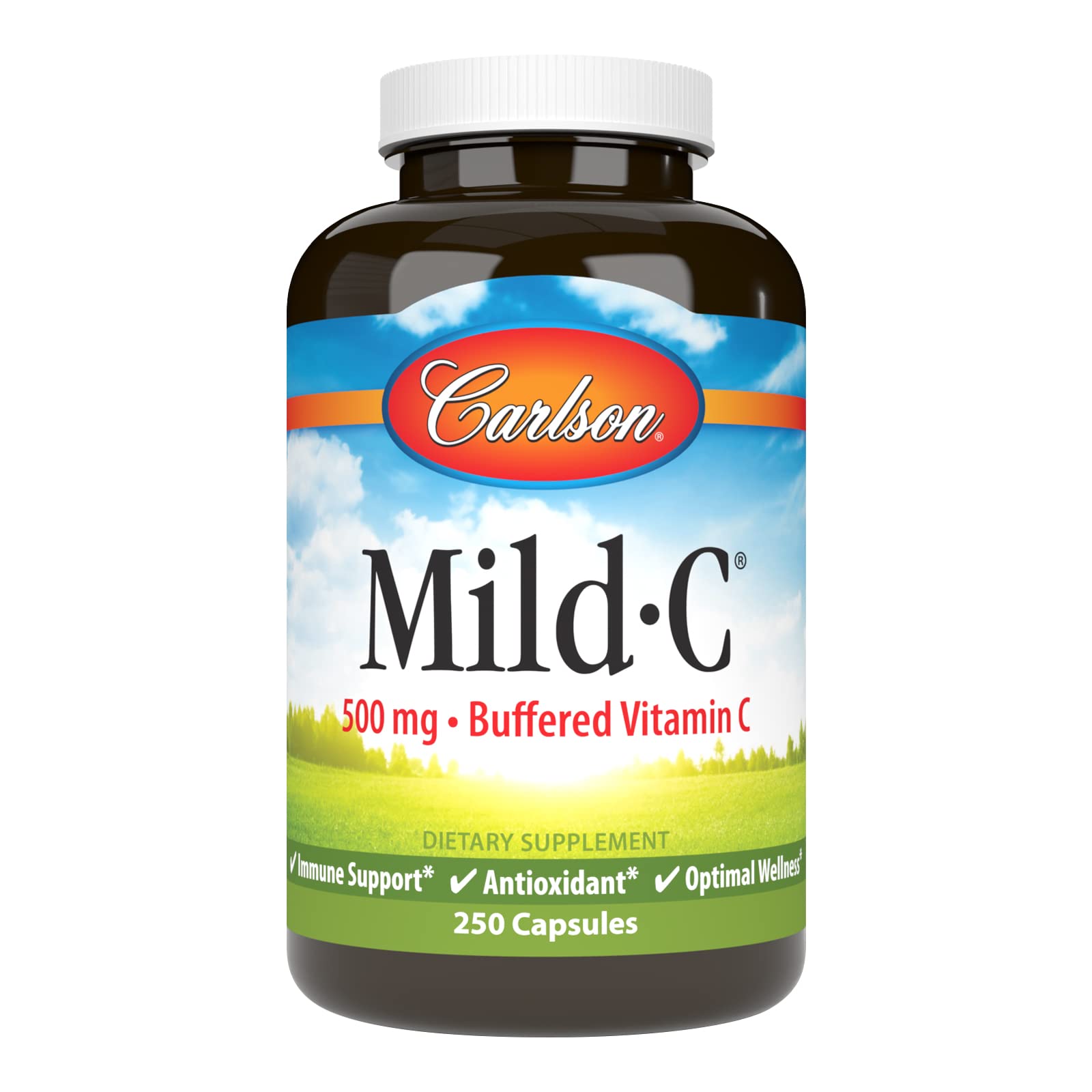 Carlson Mild-C bottle front view with 500 mg vitamin C label for daily immune support