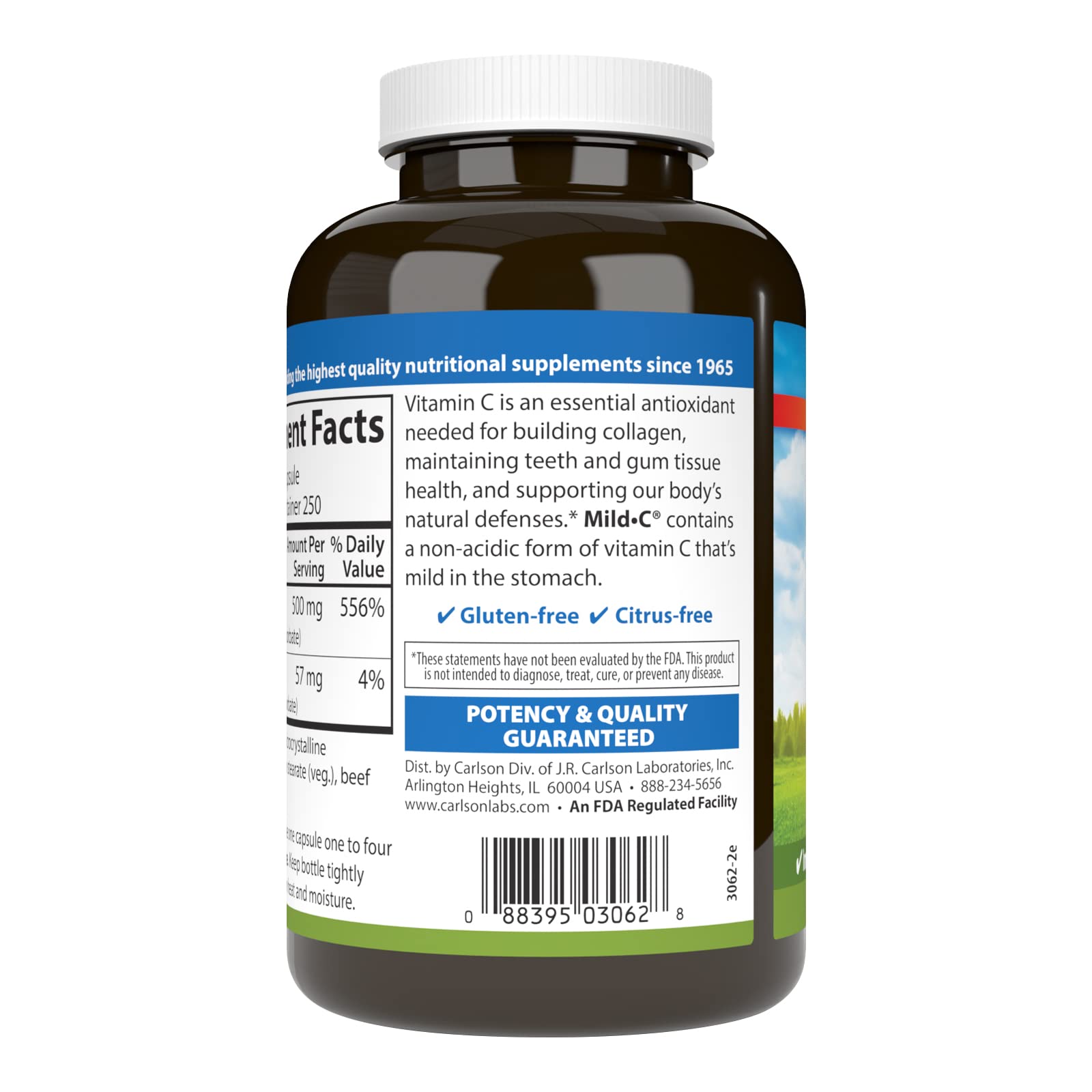 Carlson Mild-C capsules closeup emphasizes easy-to-swallow texture for daily use