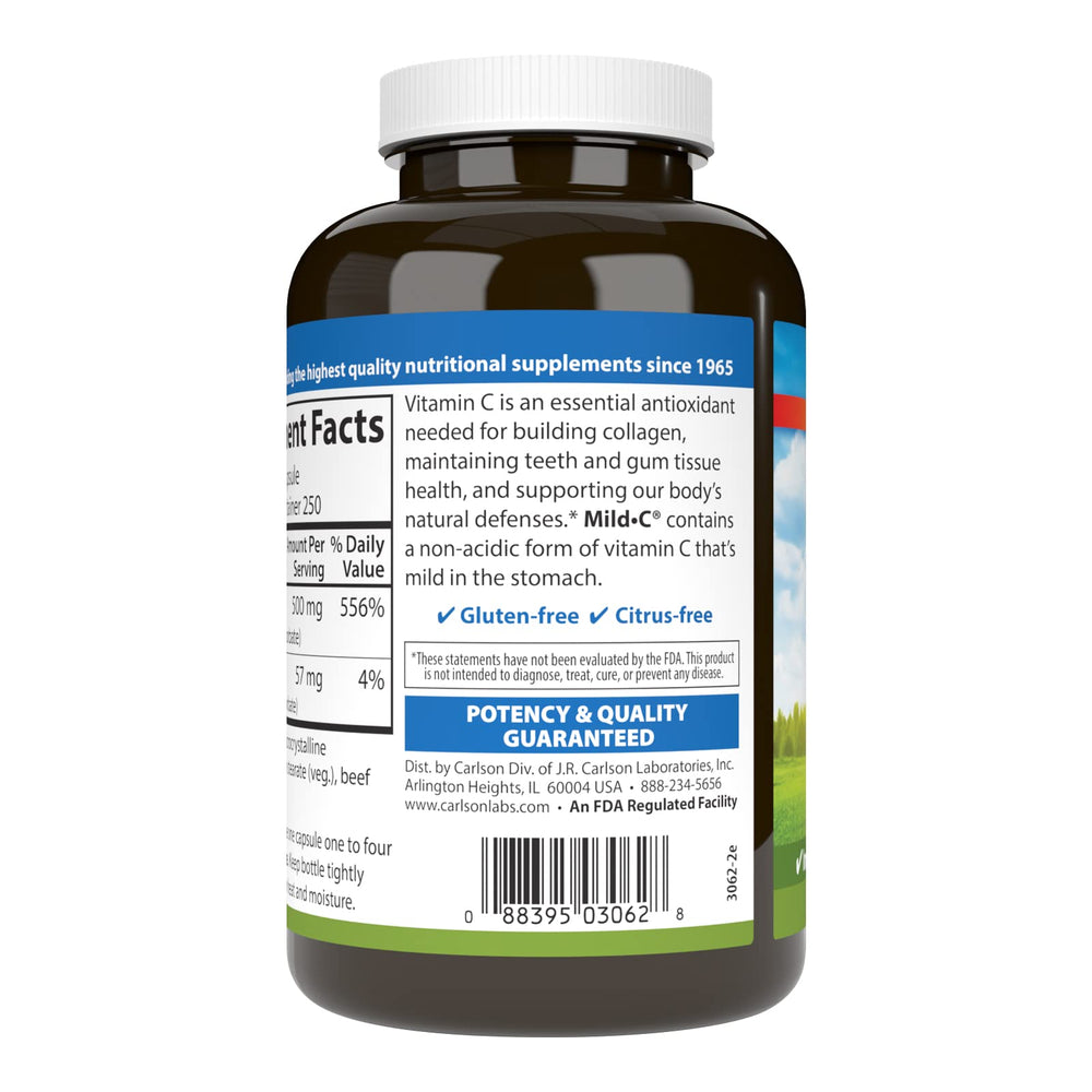 Carlson Mild-C capsules closeup emphasizes easy-to-swallow texture for daily use