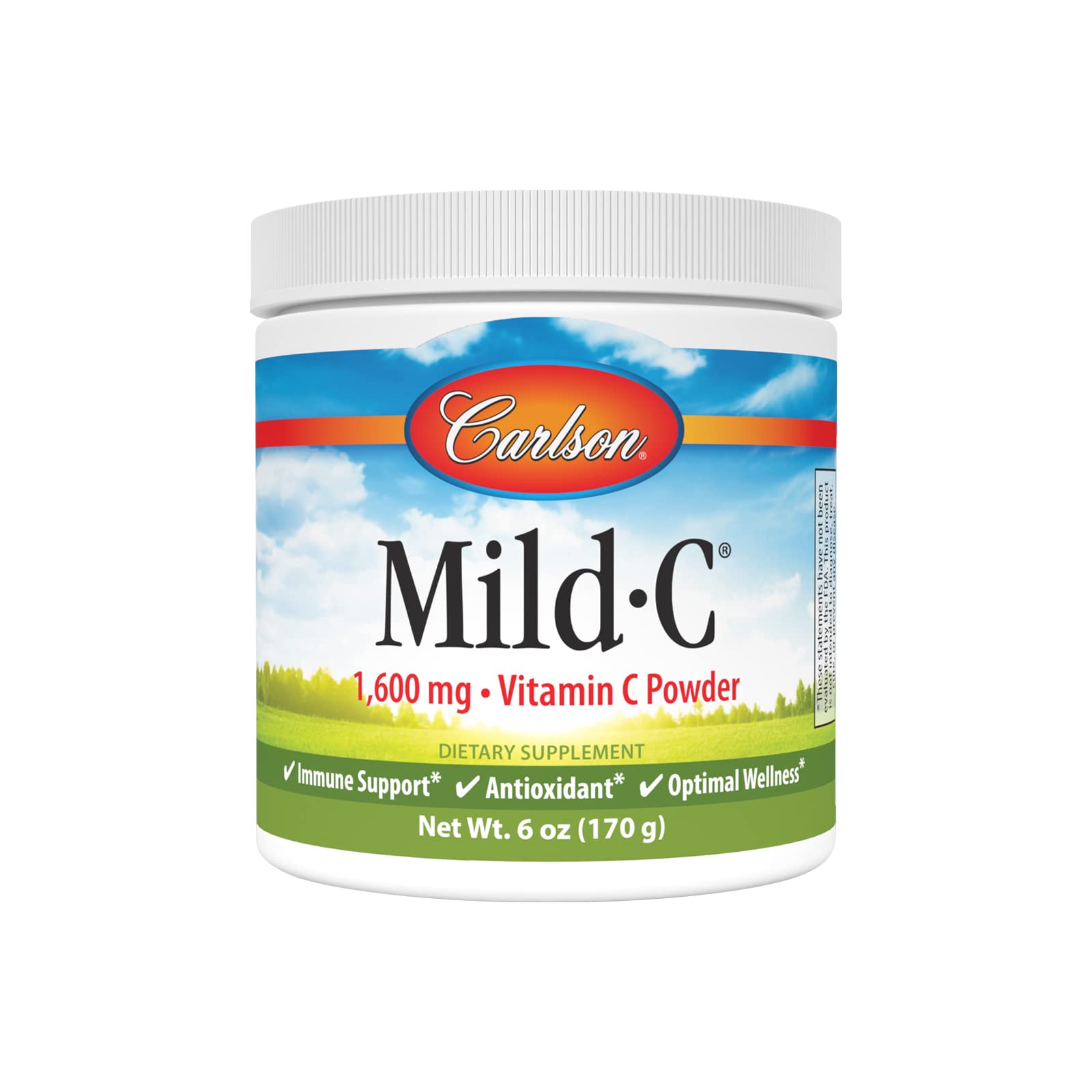 Carlson Mild-C vitamin C powder bottle on a counter, ready for daily use.