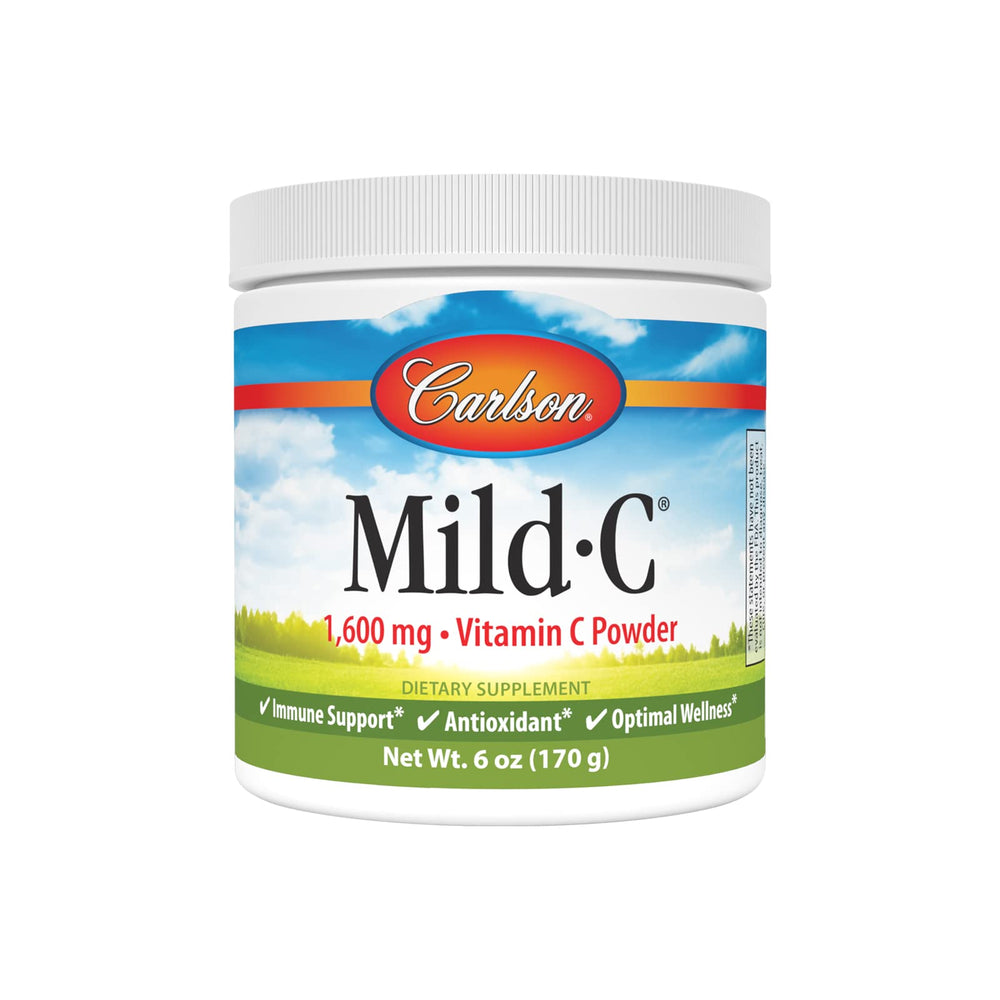 Carlson Mild-C vitamin C powder bottle on a counter, ready for daily use.