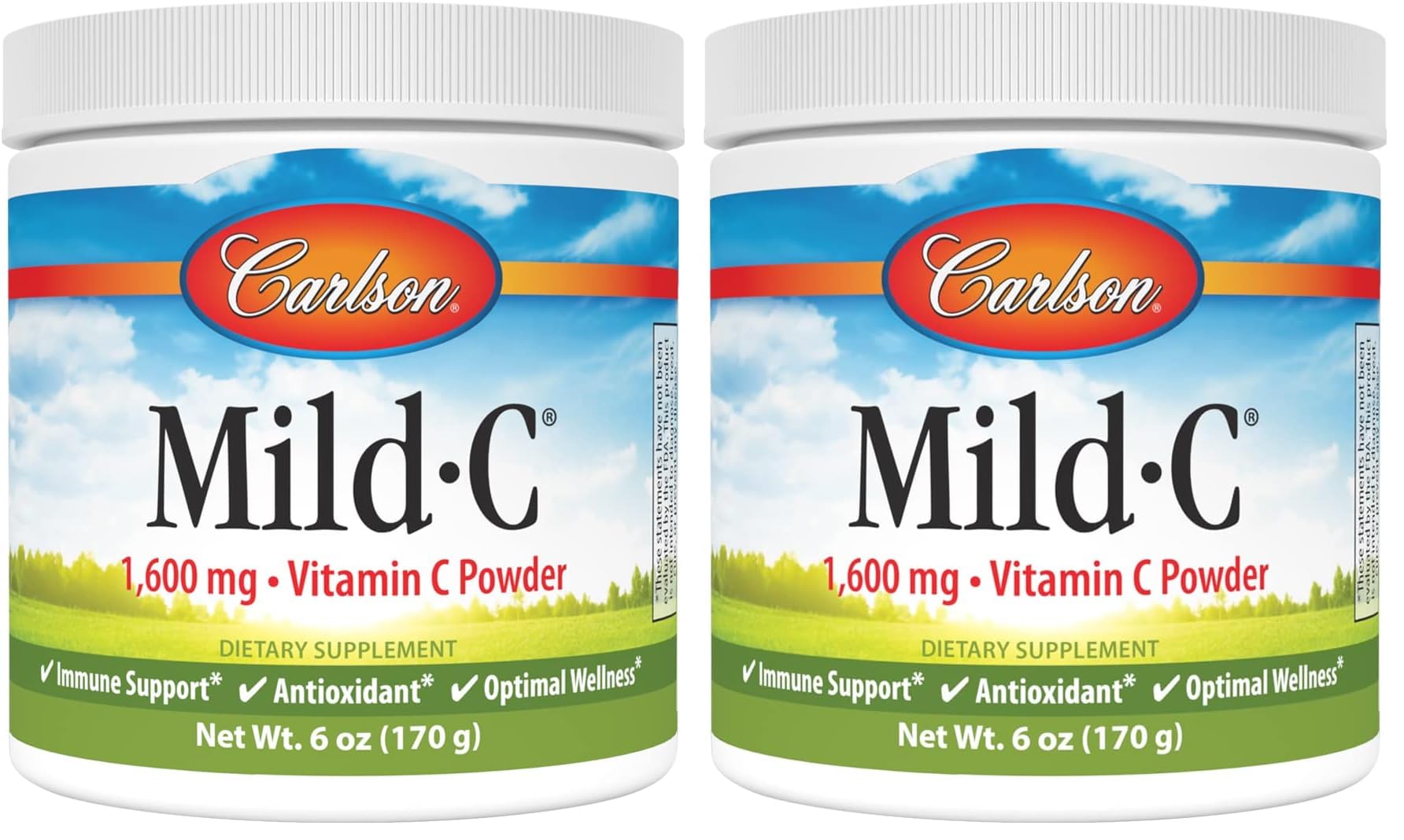 Carlson Mild-C vitamin C powder bottle with label for immune support and daily use.