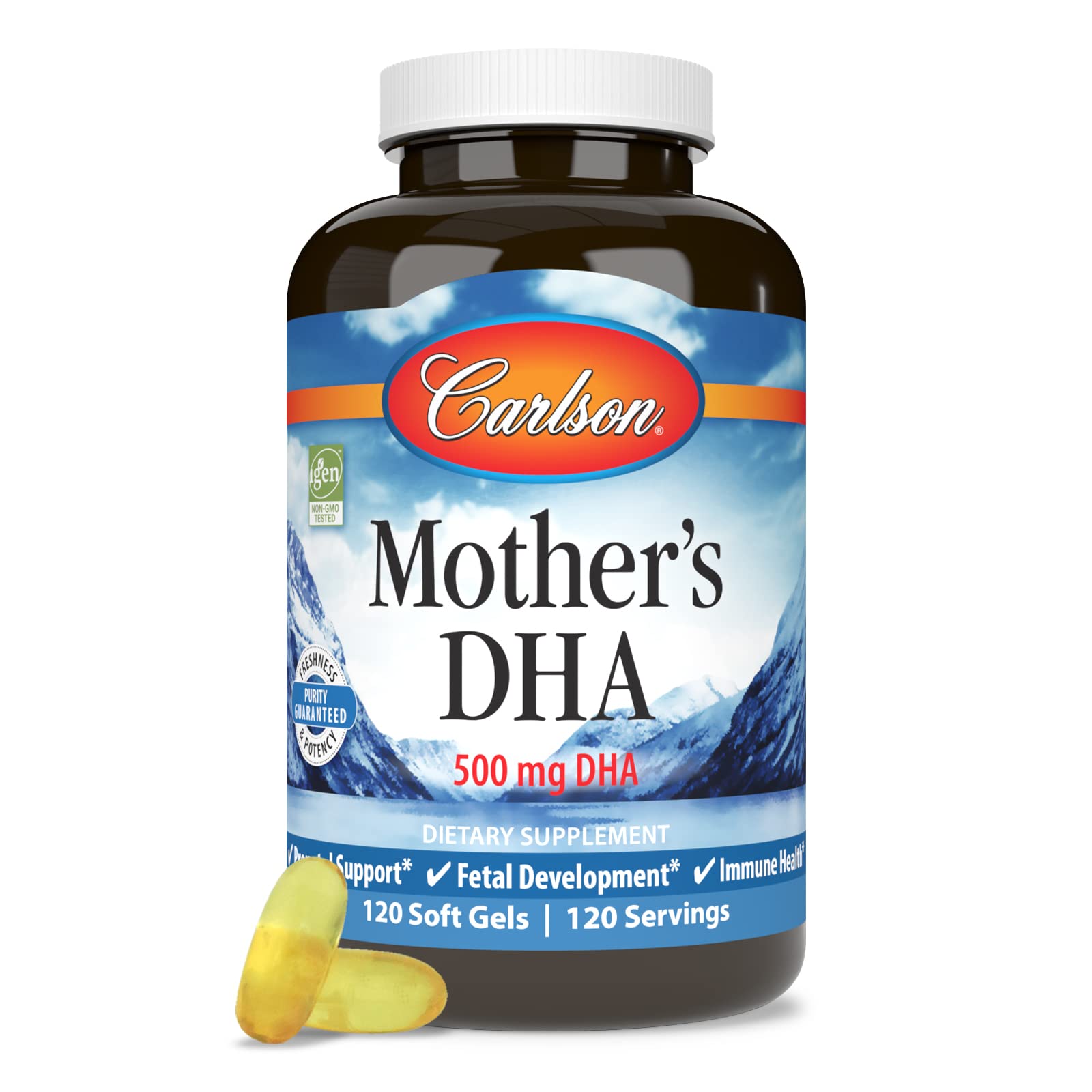Open Carlson Mother's DHA bottle pouring softgels for freshness
