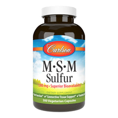 Carlson M-S-M Sulfur 1000mg bottle showcases premium MSM for joint and skin support.